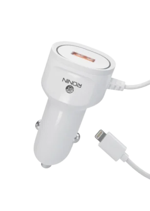 R-545 Car Charger showing the sleek dual port interface inside a vehicle socket