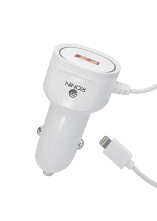 R-545 Car Charger showing the sleek dual port interface inside a vehicle socket